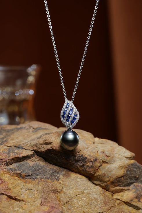 Sapphire Leaf Tahitian Black Pearl Pendant